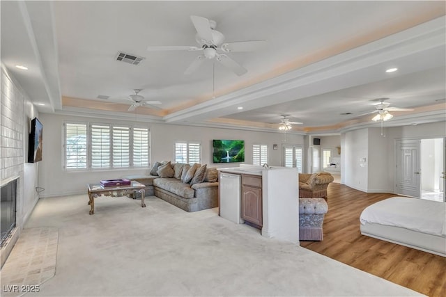 living room featuring sink, a raised ceiling, and light wood-type flooring