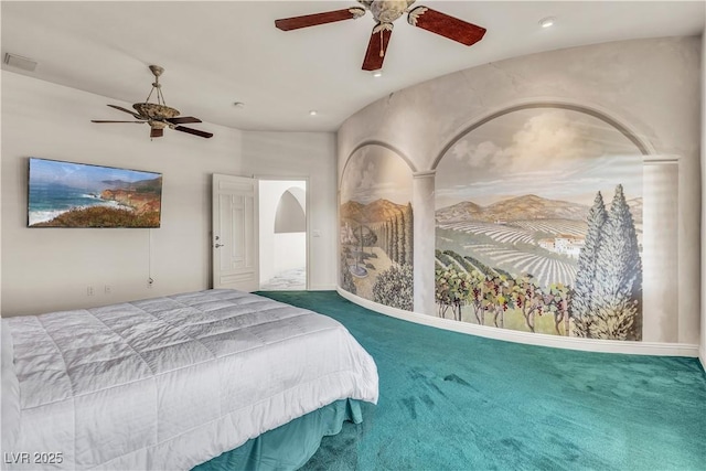 carpeted bedroom with ceiling fan