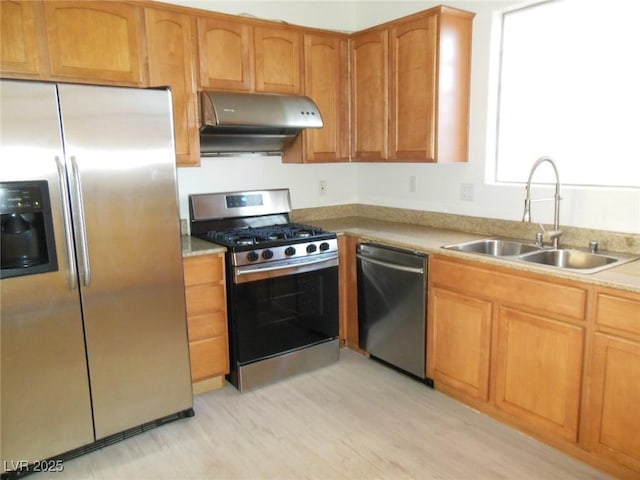 kitchen featuring stainless steel appliances, sink, and light wood-type flooring