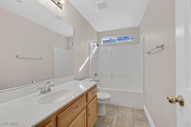 full bathroom featuring vanity, shower / bathing tub combination, tile patterned floors, and toilet