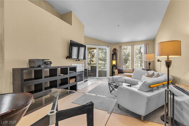 living room with lofted ceiling