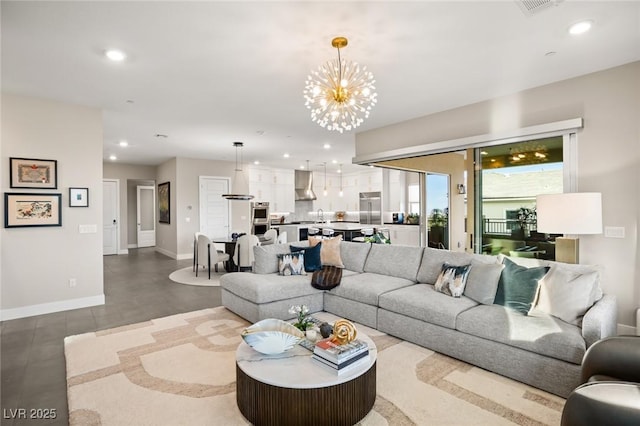 living room featuring a notable chandelier