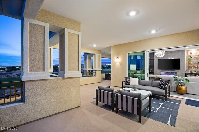 living room featuring an inviting chandelier