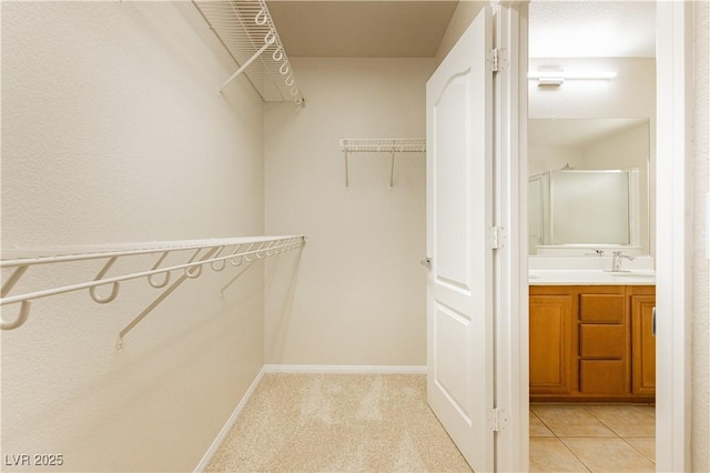 spacious closet featuring sink and light carpet