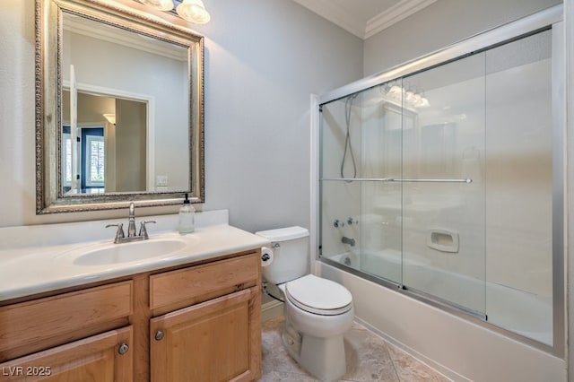 full bathroom with toilet, combined bath / shower with glass door, ornamental molding, vanity, and tile patterned flooring