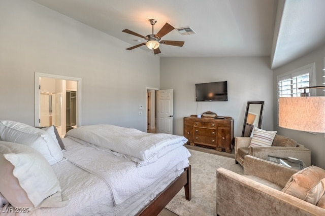 bedroom featuring high vaulted ceiling and ceiling fan