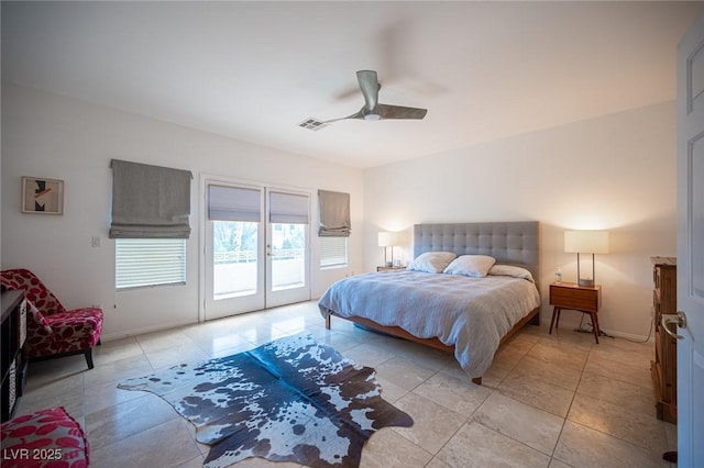 bedroom featuring light tile patterned flooring, access to outside, ceiling fan, and french doors