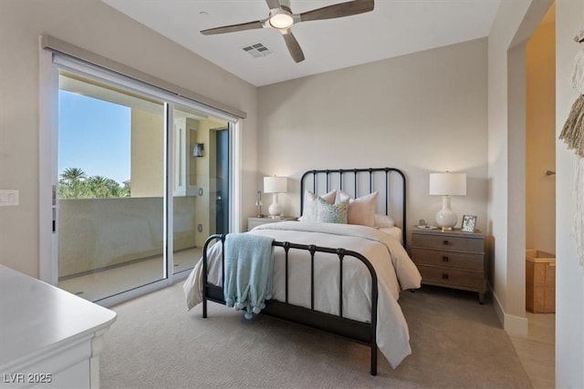 carpeted bedroom featuring access to outside and ceiling fan