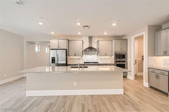 kitchen with stainless steel appliances, wall chimney exhaust hood, gray cabinets, and a center island with sink