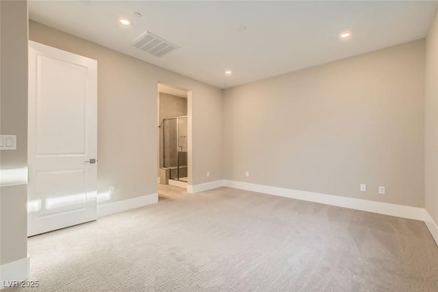 unfurnished bedroom featuring light carpet, baseboards, visible vents, and recessed lighting