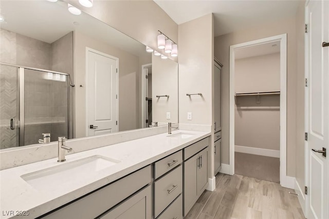 full bath featuring a sink, a walk in closet, and a shower stall