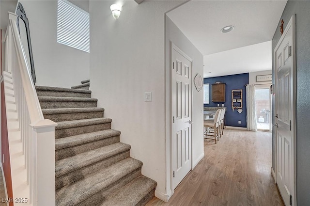 staircase with hardwood / wood-style flooring