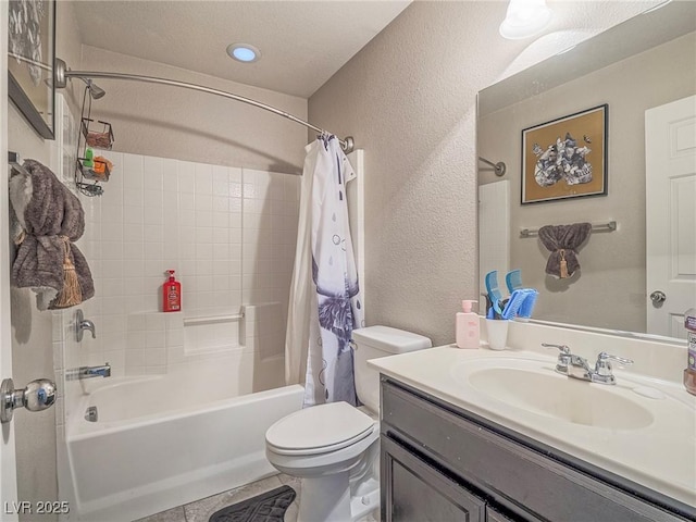 full bathroom featuring toilet, vanity, shower / bathtub combination with curtain, and tile patterned flooring