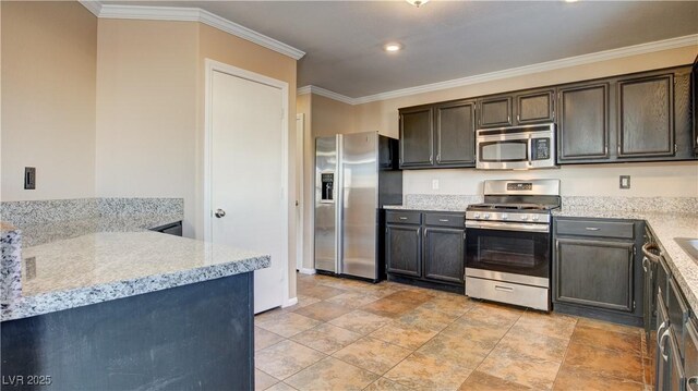 kitchen with crown molding, stainless steel appliances, light stone counters, and dark brown cabinets