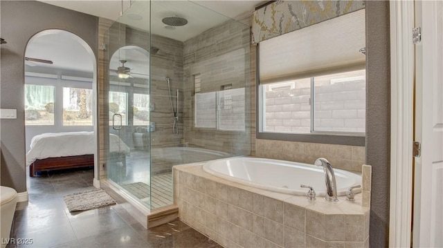 bathroom featuring tile patterned floors, shower with separate bathtub, and ceiling fan