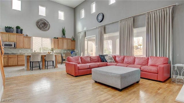 living room with light hardwood / wood-style flooring