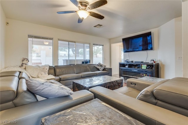 living room with ceiling fan