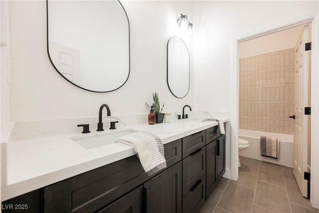 full bathroom featuring shower / tub combination, vanity, toilet, and tile patterned flooring