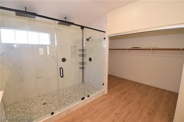 bathroom with hardwood / wood-style flooring and walk in shower