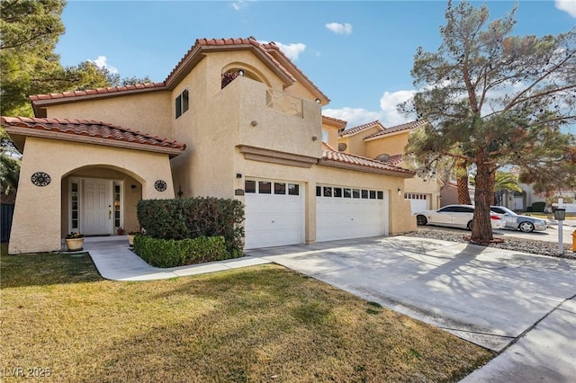 mediterranean / spanish-style home with a garage and a front lawn