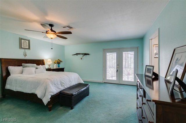 bedroom featuring french doors, carpet flooring, access to exterior, and ceiling fan