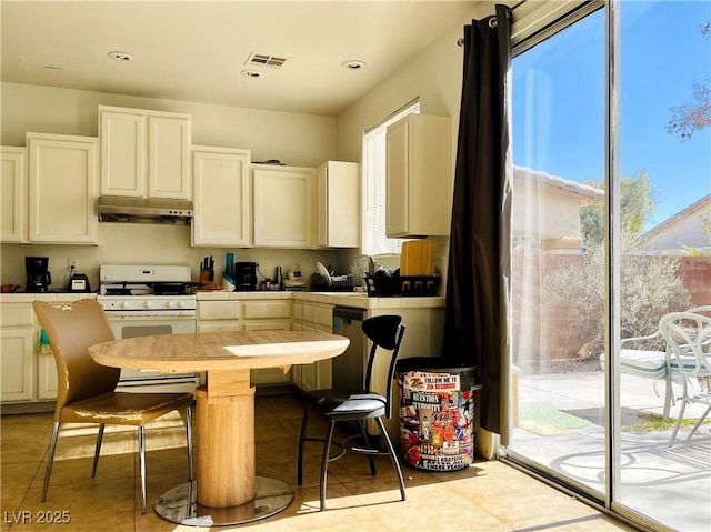 kitchen with visible vents, a sink, white range with gas cooktop, dishwasher, and under cabinet range hood