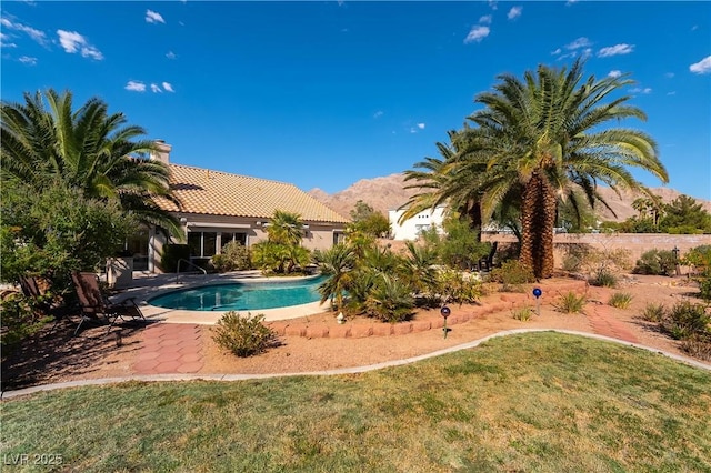 view of swimming pool with a patio, a lawn, and a fenced in pool