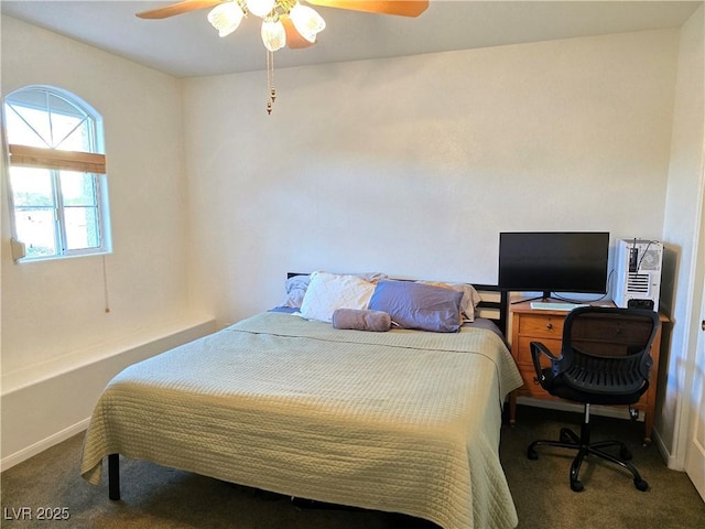 bedroom with carpet floors, baseboards, and a ceiling fan