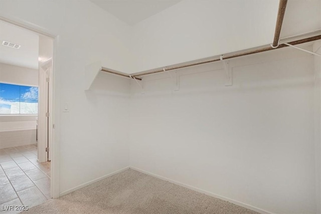 walk in closet with light colored carpet