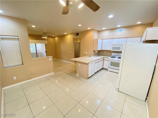 kitchen with sink, white cabinetry, light tile patterned floors, kitchen peninsula, and white appliances