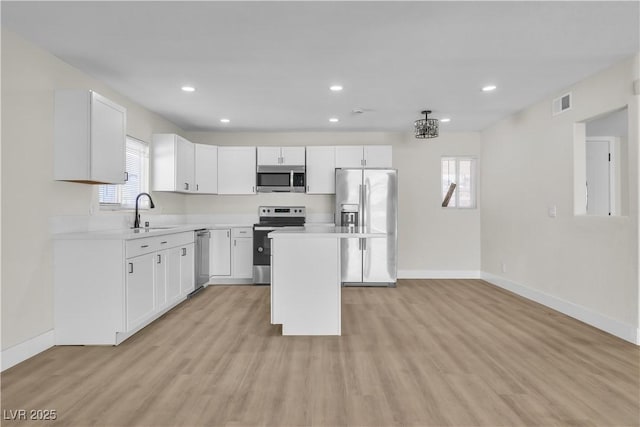 kitchen with stainless steel appliances, a center island, sink, and white cabinets