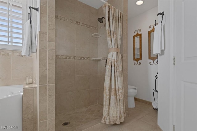 bathroom featuring toilet, tile patterned flooring, and a shower with shower curtain