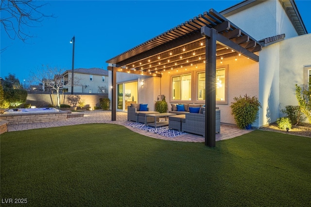 exterior space with a patio, an outdoor living space, and a pergola