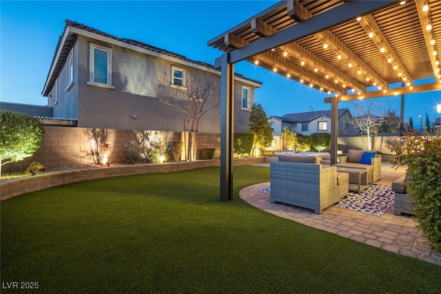 view of yard featuring a patio, outdoor lounge area, and a pergola