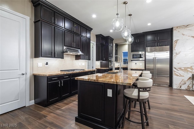 kitchen with dark wood-type flooring, a sink, light stone countertops, under cabinet range hood, and built in appliances