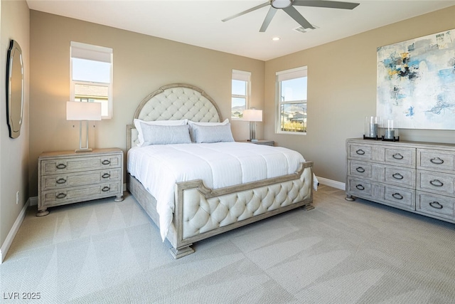 bedroom with recessed lighting, light colored carpet, visible vents, a ceiling fan, and baseboards