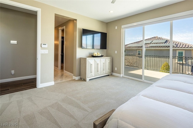 living room with light carpet, ceiling fan, baseboards, and recessed lighting