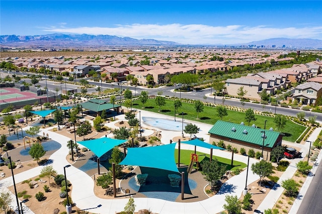 aerial view featuring a residential view and a mountain view