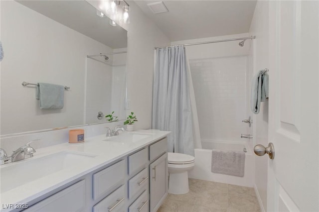 full bathroom with vanity, tile patterned flooring, shower / bath combination with curtain, and toilet