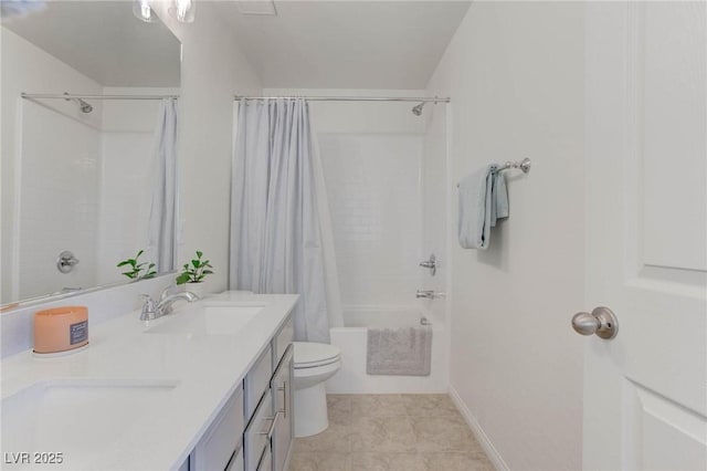 full bathroom with vanity, shower / tub combo with curtain, tile patterned floors, and toilet