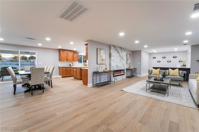 living room featuring a premium fireplace and light hardwood / wood-style flooring