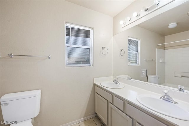 bathroom featuring tile patterned floors, toilet, vanity, and a shower