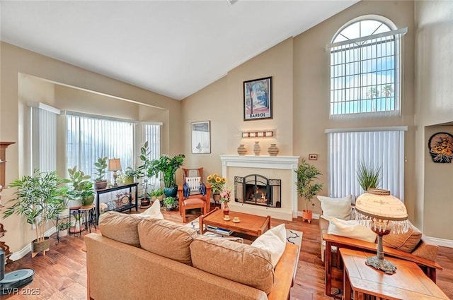 living room featuring high vaulted ceiling and light wood-type flooring