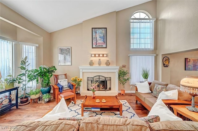 living room featuring hardwood / wood-style flooring and high vaulted ceiling