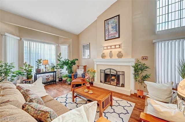 living room featuring light hardwood / wood-style flooring and high vaulted ceiling