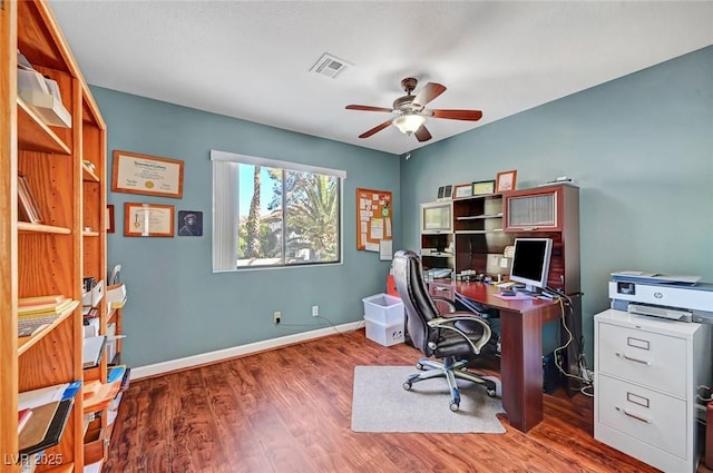 office area with ceiling fan and wood-type flooring