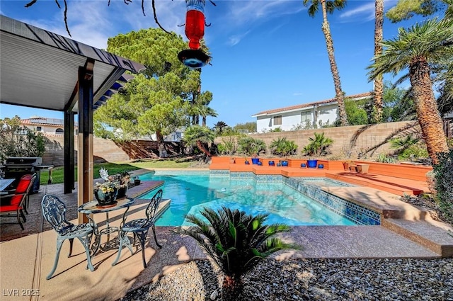 view of swimming pool featuring a patio and grilling area