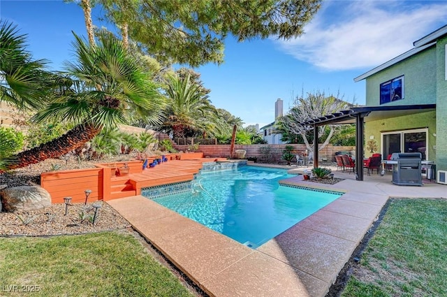 view of pool featuring a grill, a pergola, a deck, and a patio area