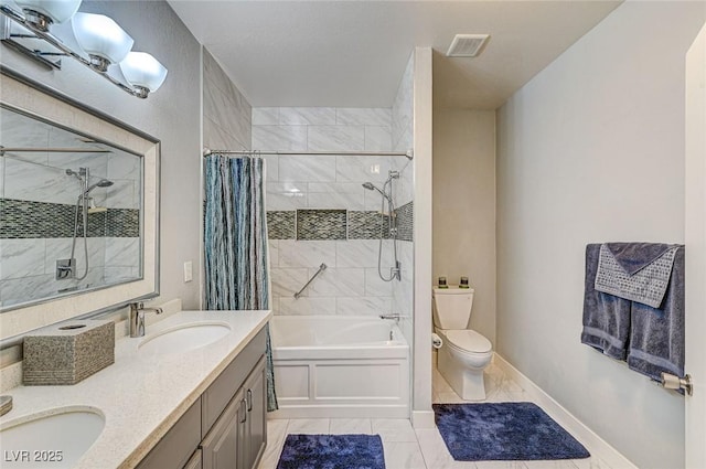 full bathroom with vanity, toilet, and shower / tub combo