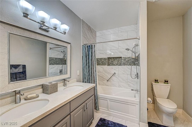 full bathroom with vanity, shower / bath combination with curtain, and toilet